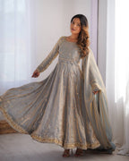 Prazu Fashion Silver Grey Fandy Silk Coding With Sequence Work Wedding Wear Anarkali Suit - Distacart