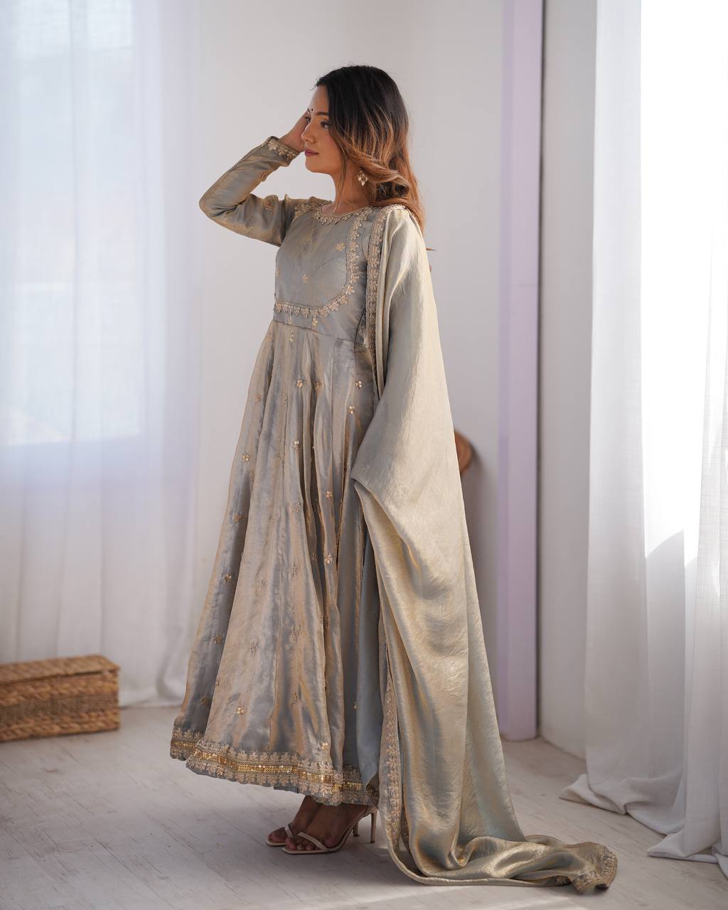 Prazu Fashion Silver Grey Fandy Silk Coding With Sequence Work Wedding Wear Anarkali Suit - Distacart