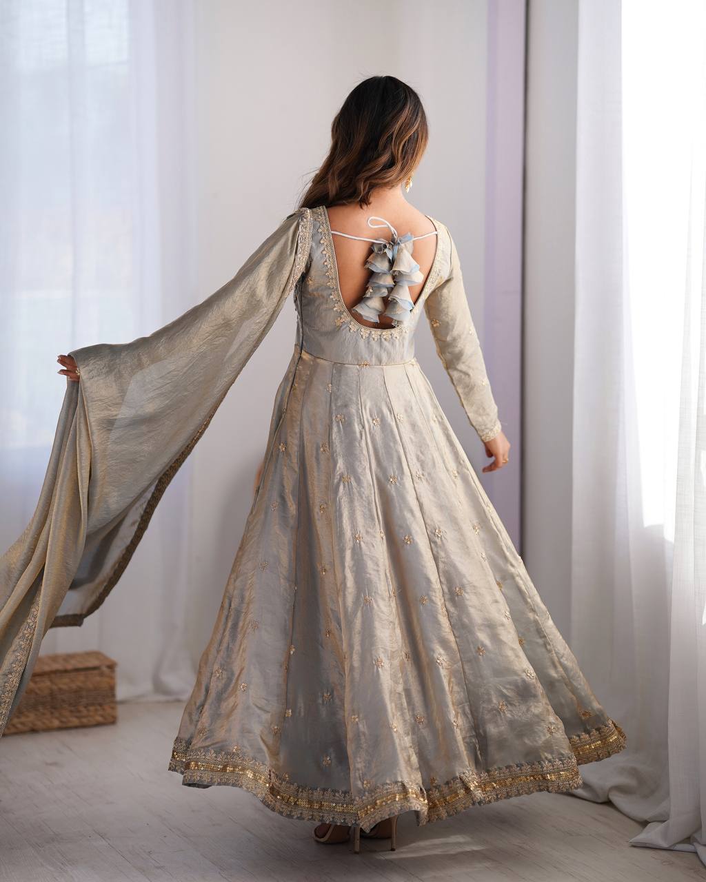 Prazu Fashion Silver Grey Fandy Silk Coding With Sequence Work Wedding Wear Anarkali Suit - Distacart