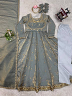 Prazu Fashion Silver Grey Fandy Silk Coding With Sequence Work Wedding Wear Anarkali Suit - Distacart