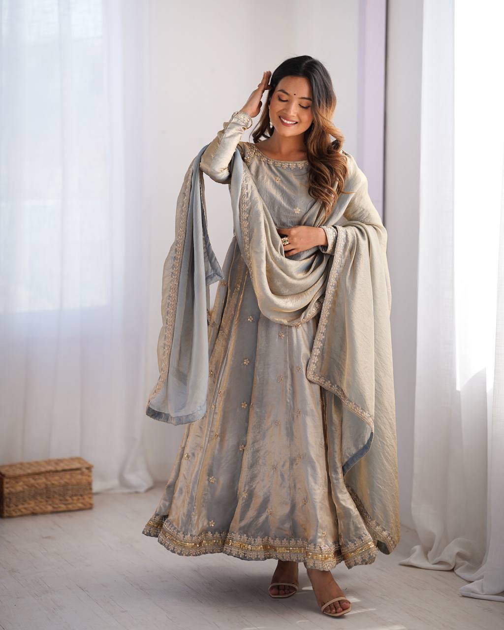 Prazu Fashion Silver Grey Fandy Silk Coding With Sequence Work Wedding Wear Anarkali Suit - Distacart