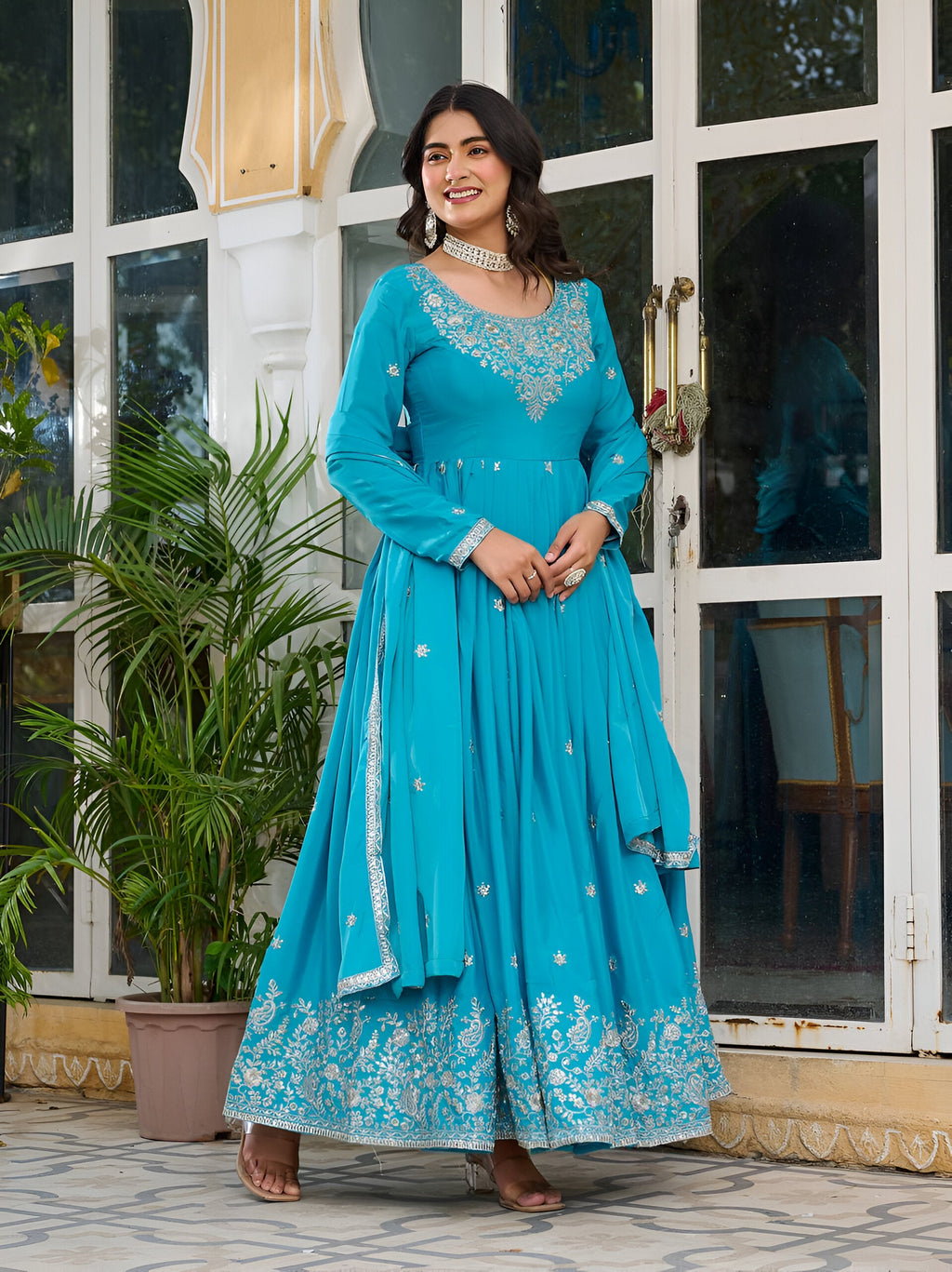 Lehenga Mart Wedding Wear Anarkali Gown With Dupatta - Sky Blue