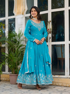 Lehenga Mart Wedding Wear Anarkali Gown With Dupatta - Sky Blue