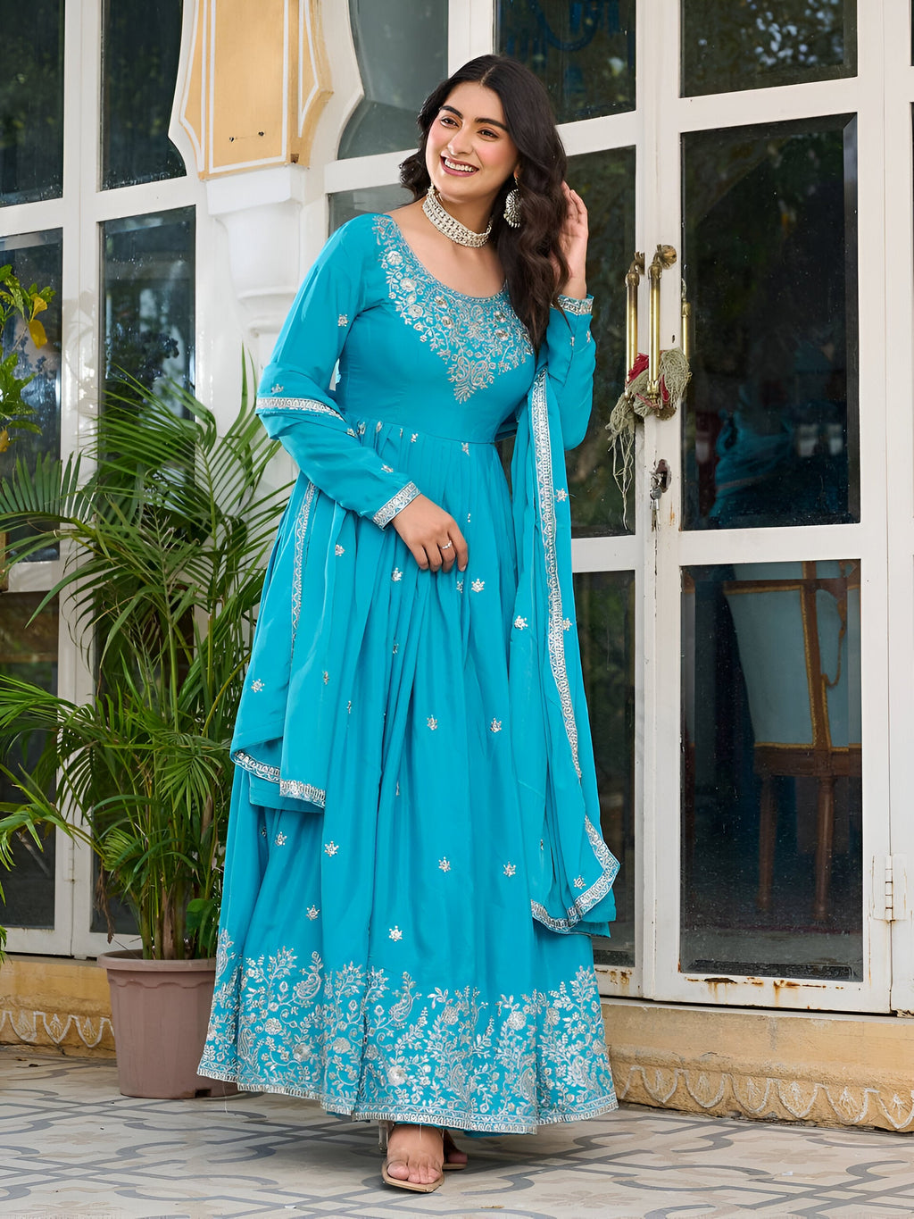 Lehenga Mart Wedding Wear Anarkali Gown With Dupatta - Sky Blue
