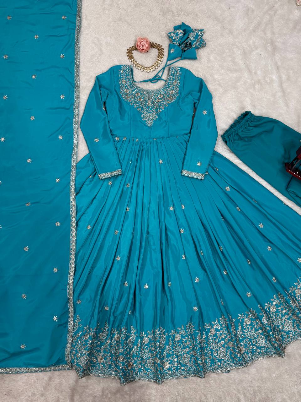 Prazu Fashion Sky Blue Silk Thread With Sequence Anarkali Suit - Distacart