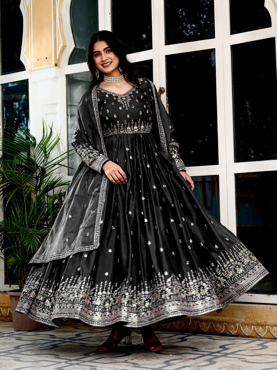 Lehenga Mart American Silk Gown With Dupatta-Black - Distacart