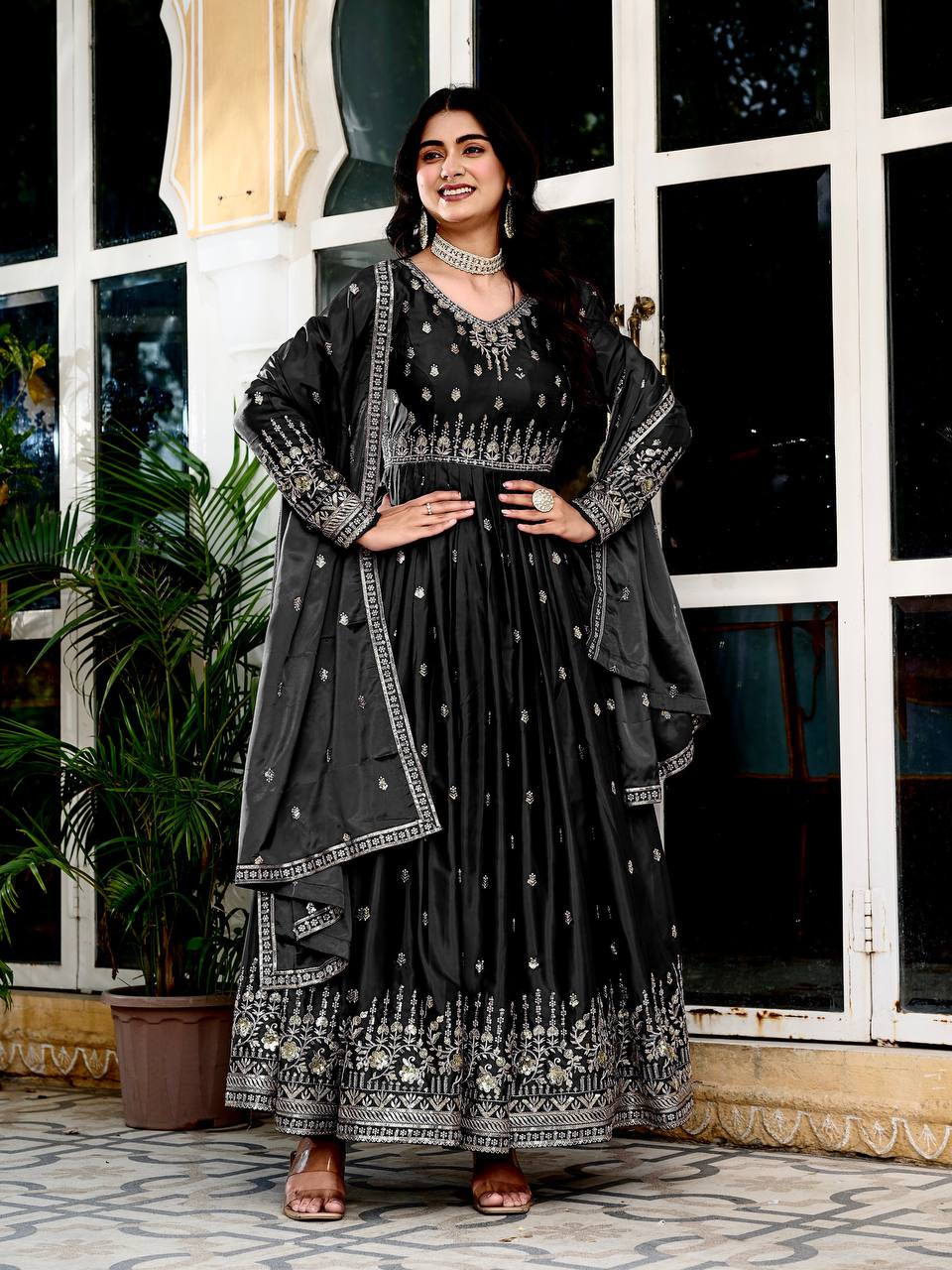 Lehenga Mart American Silk Gown With Dupatta-Black - Distacart