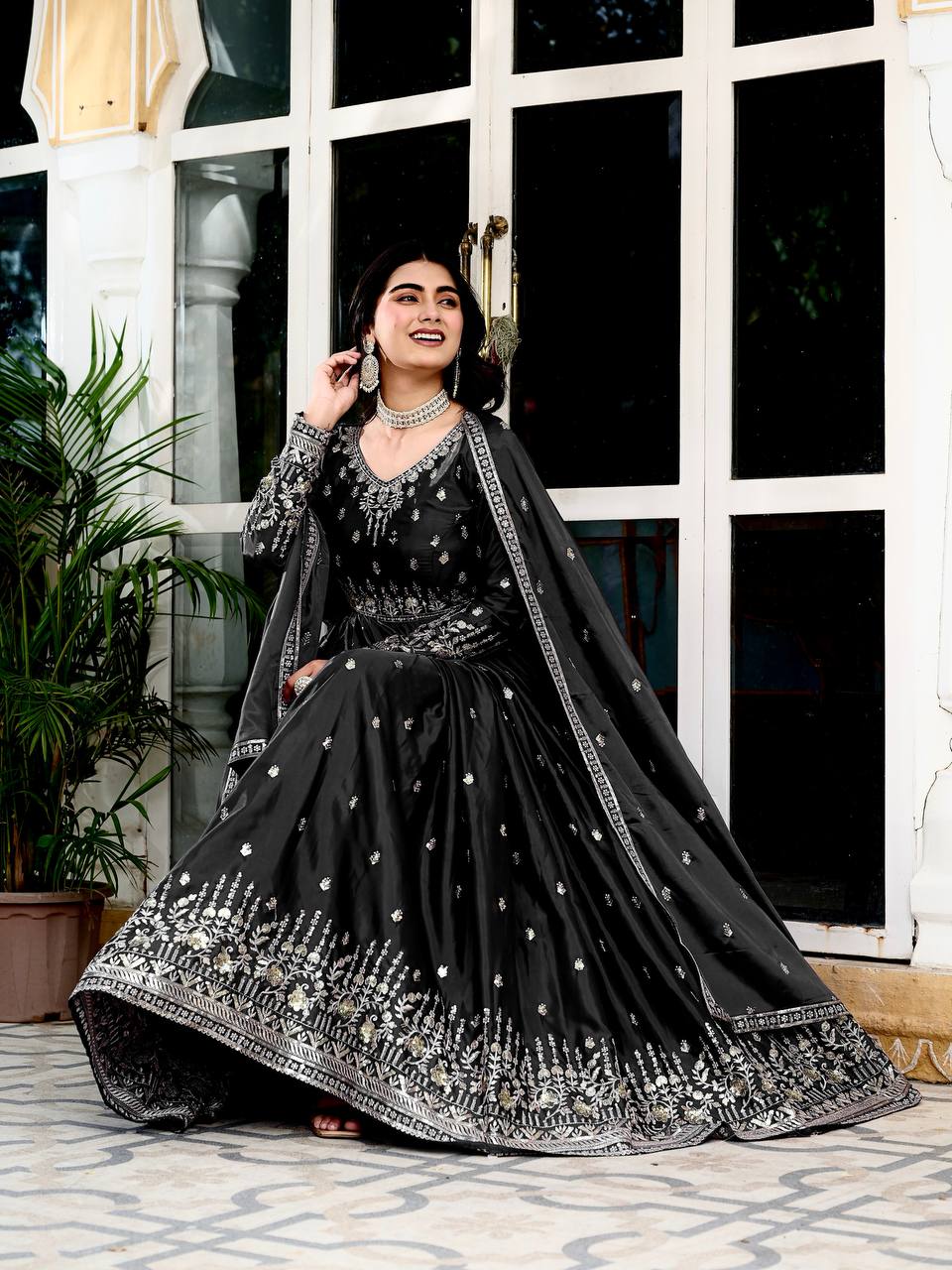 Lehenga Mart American Silk Gown With Dupatta-Black - Distacart