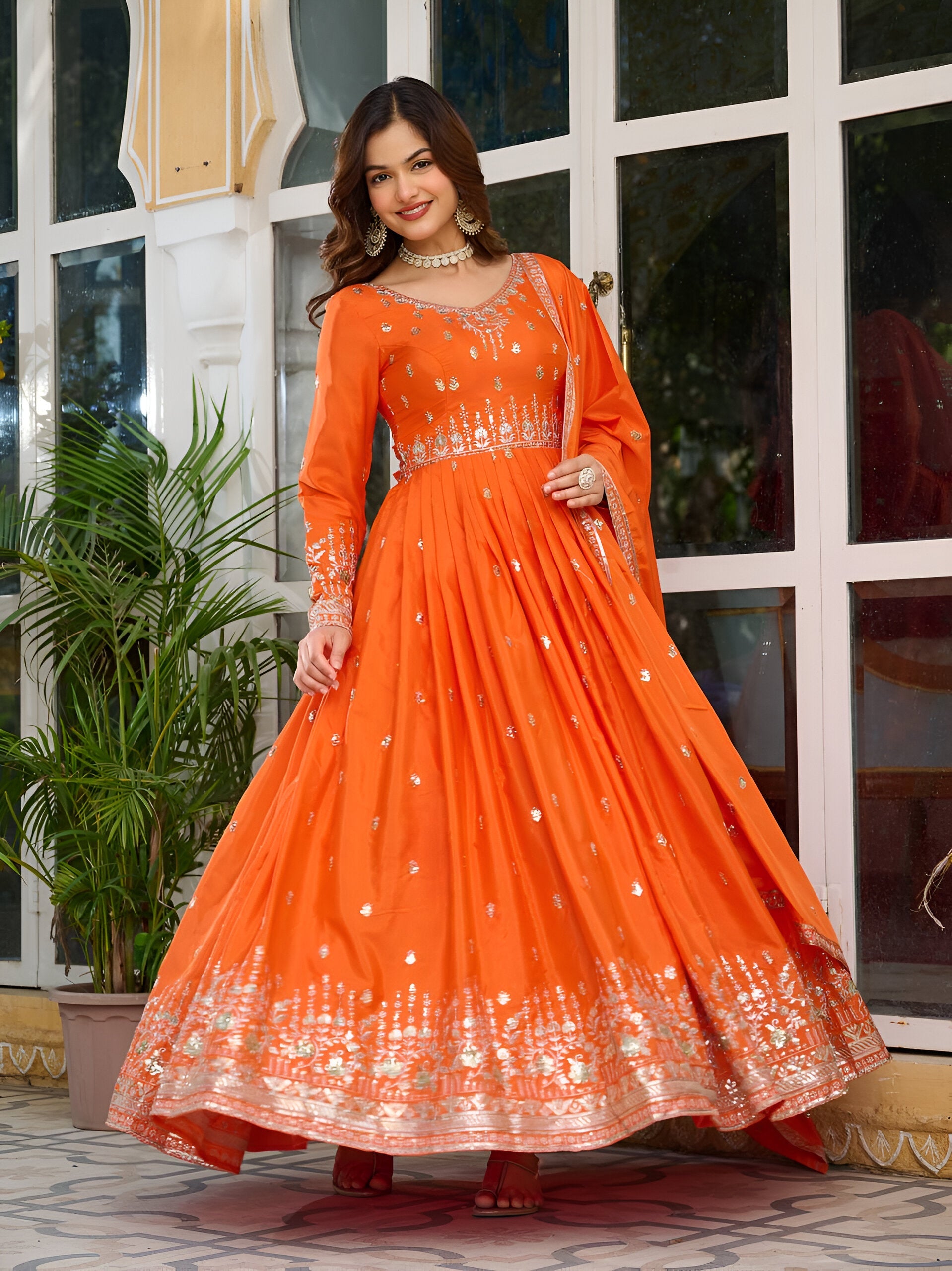 Lehenga Mart Wedding Wear Anarkali Gown With Dupatta Set - Orange