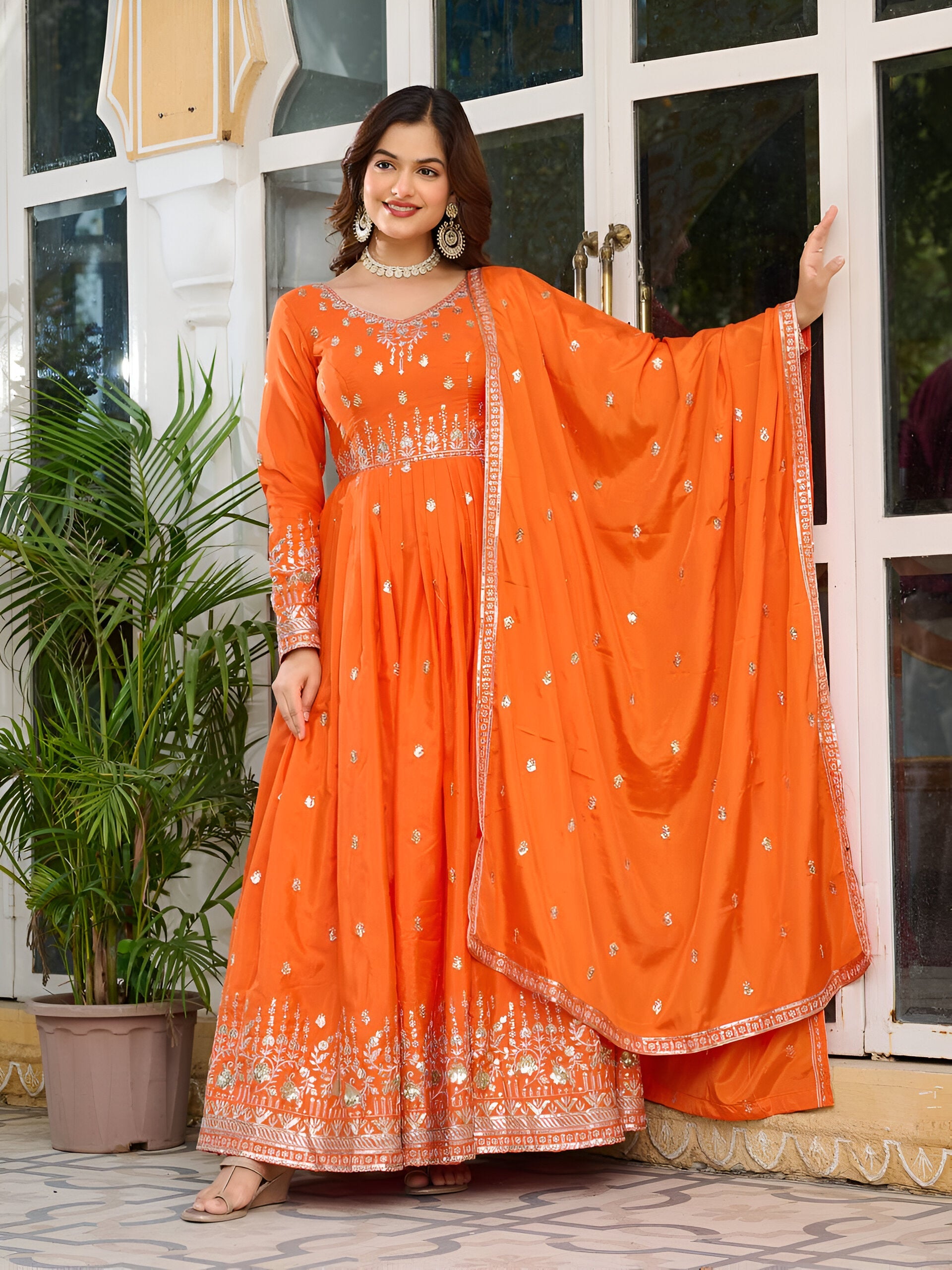 Lehenga Mart Wedding Wear Anarkali Gown With Dupatta Set - Orange