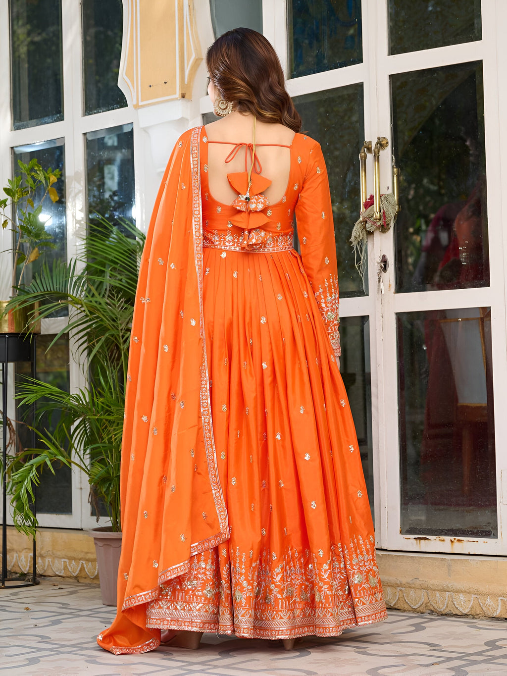 Lehenga Mart Wedding Wear Anarkali Gown With Dupatta Set - Orange