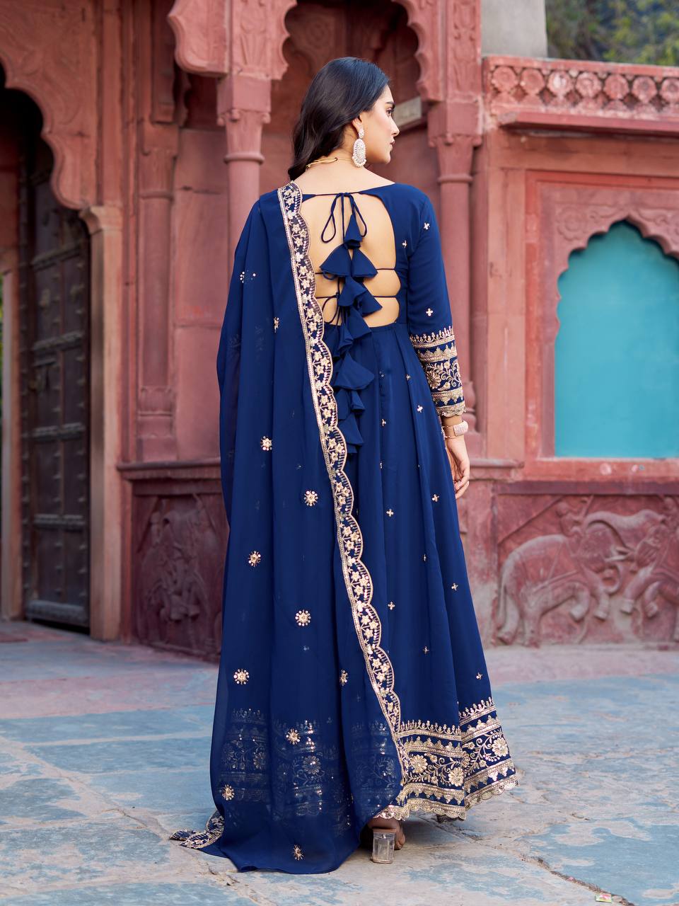 Prazu Fashion Blue Georgette Thread Sequence Anarkali Suit - Distacart
