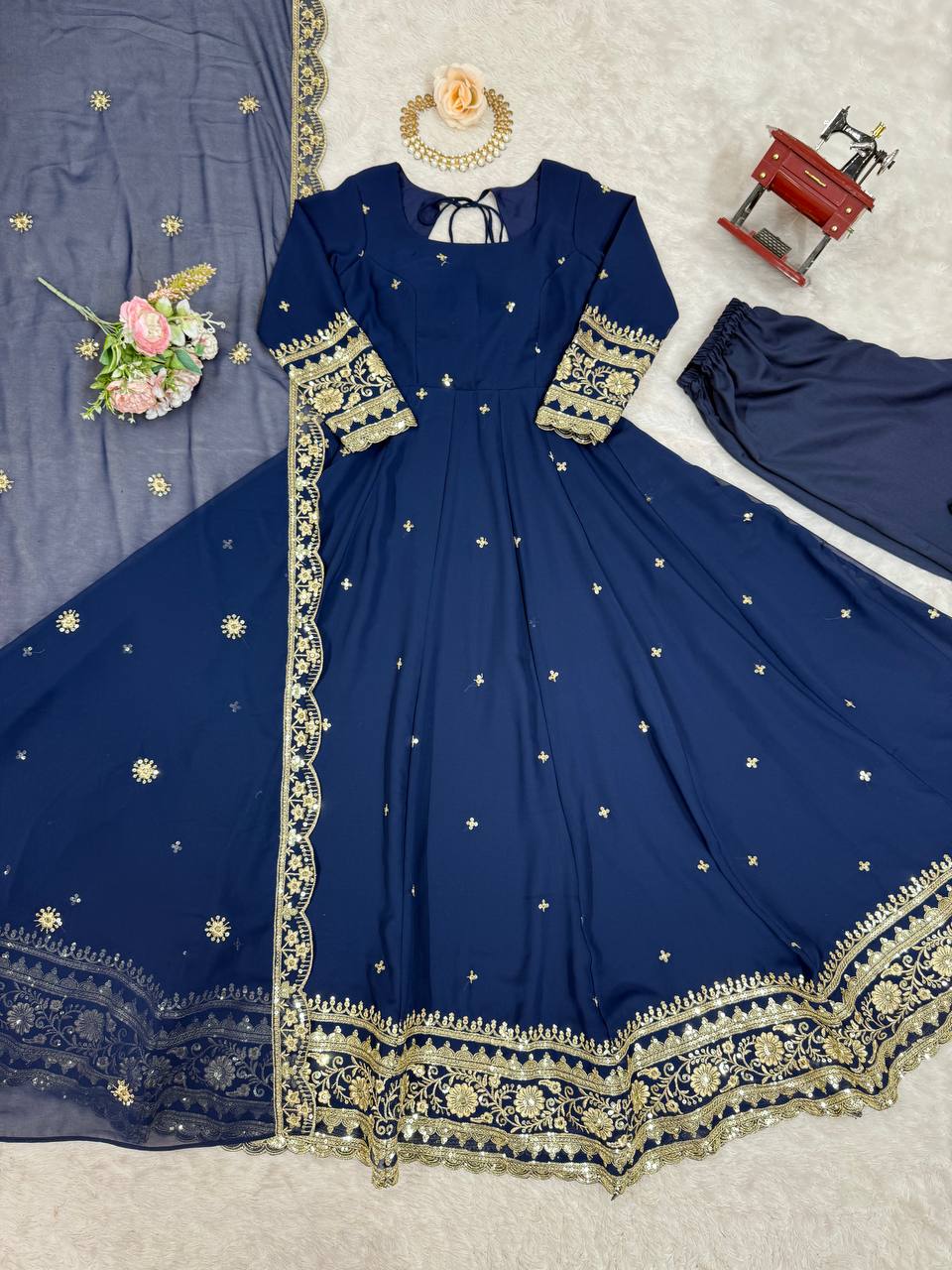 Prazu Fashion Blue Georgette Thread Sequence Anarkali Suit - Distacart