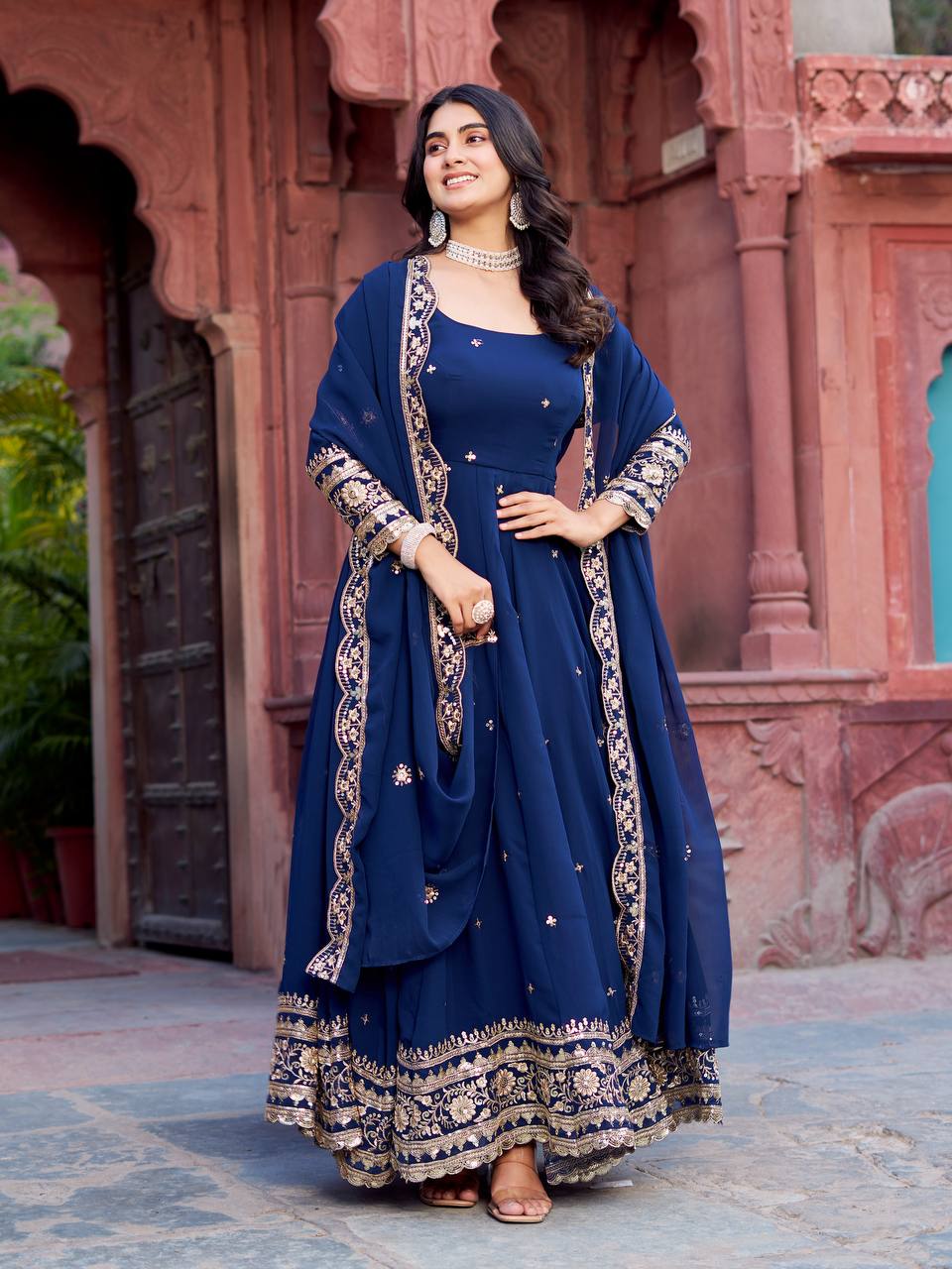 Prazu Fashion Blue Georgette Thread Sequence Anarkali Suit - Distacart
