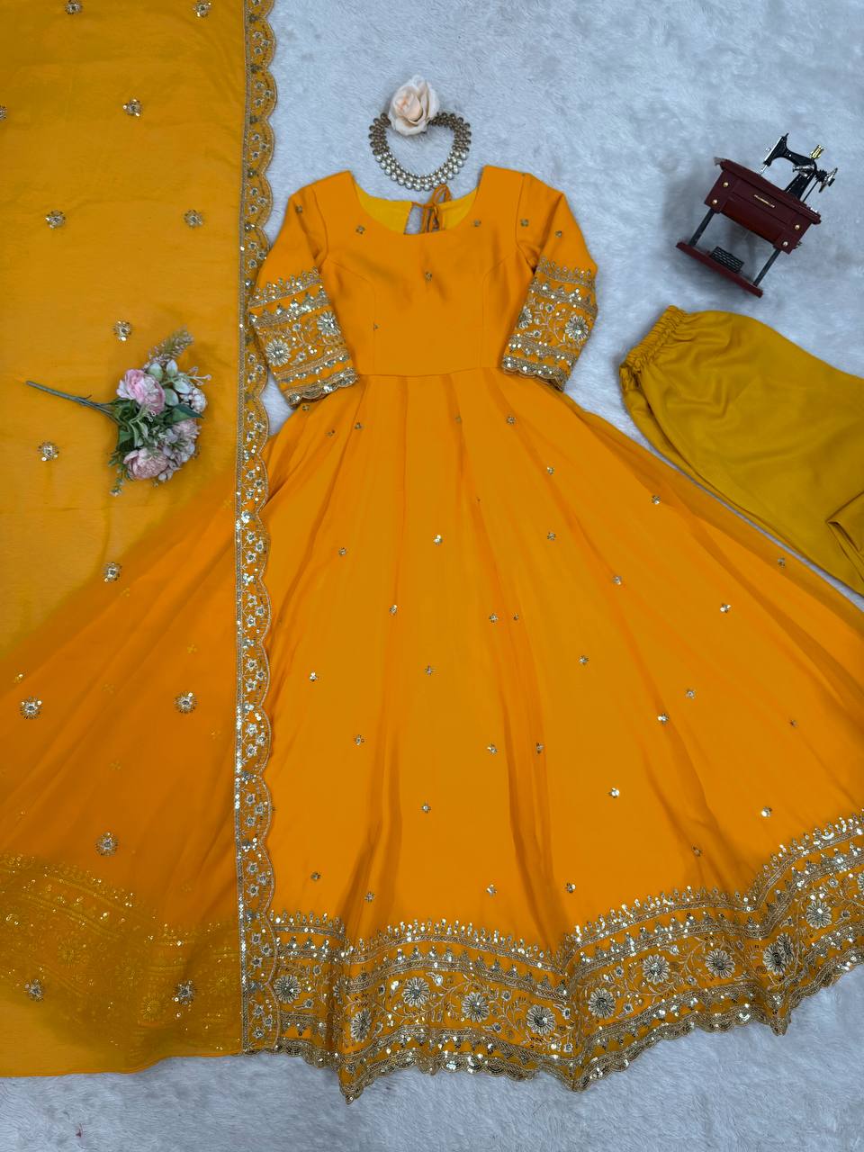 Prazu Fashion Mustard Georgette Thread Sequence Anarkali Suit - Distacart