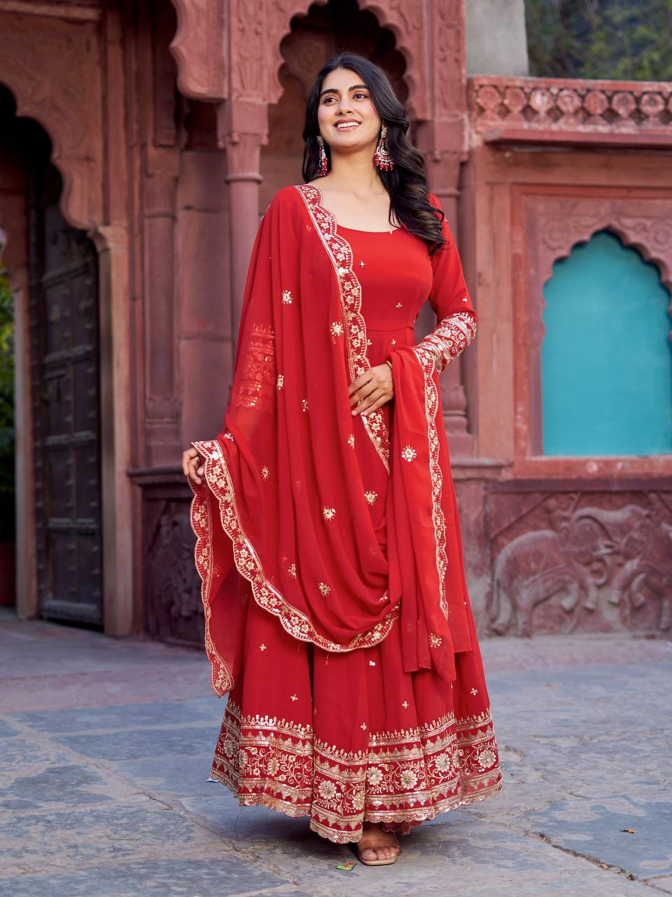 Prazu Fashion Red Georgette Thread Sequence Anarkali Suit - Distacart
