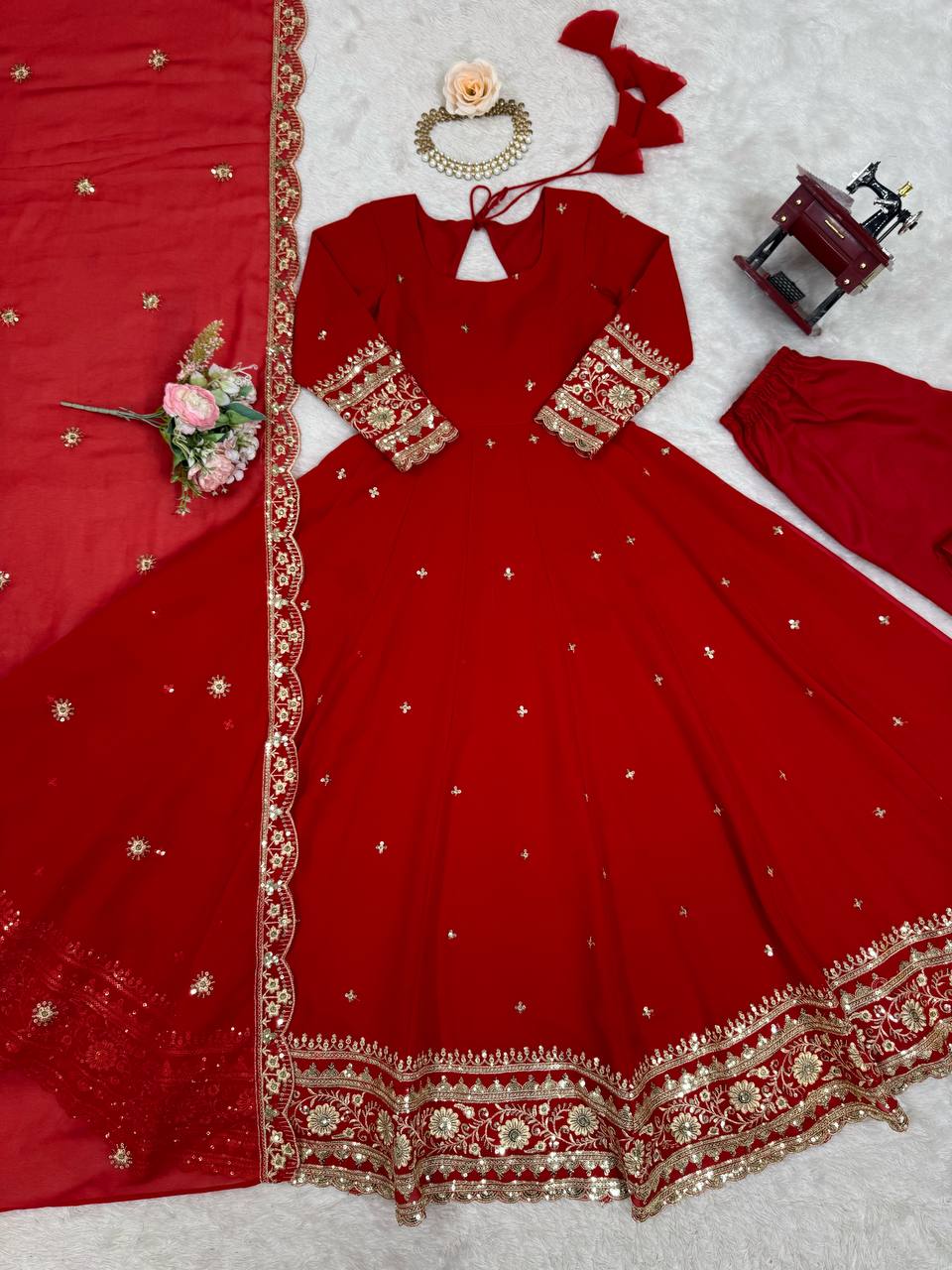 Prazu Fashion Red Georgette Thread Sequence Anarkali Suit - Distacart