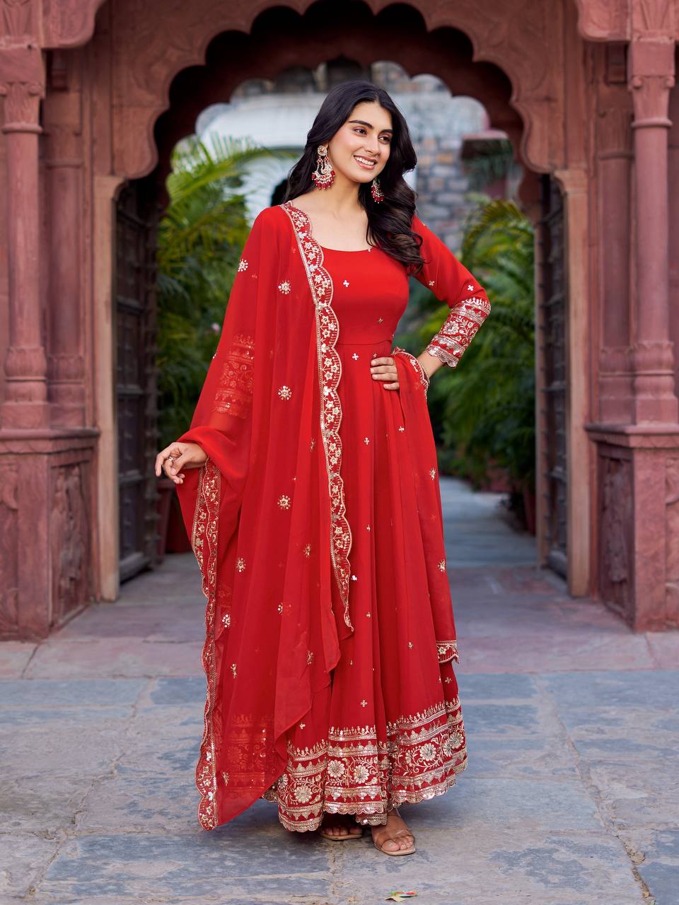 Prazu Fashion Red Georgette Thread Sequence Anarkali Suit - Distacart