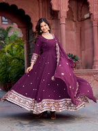Prazu Fashion Wine Georgette Thread Sequence Anarkali Suit - Distacart