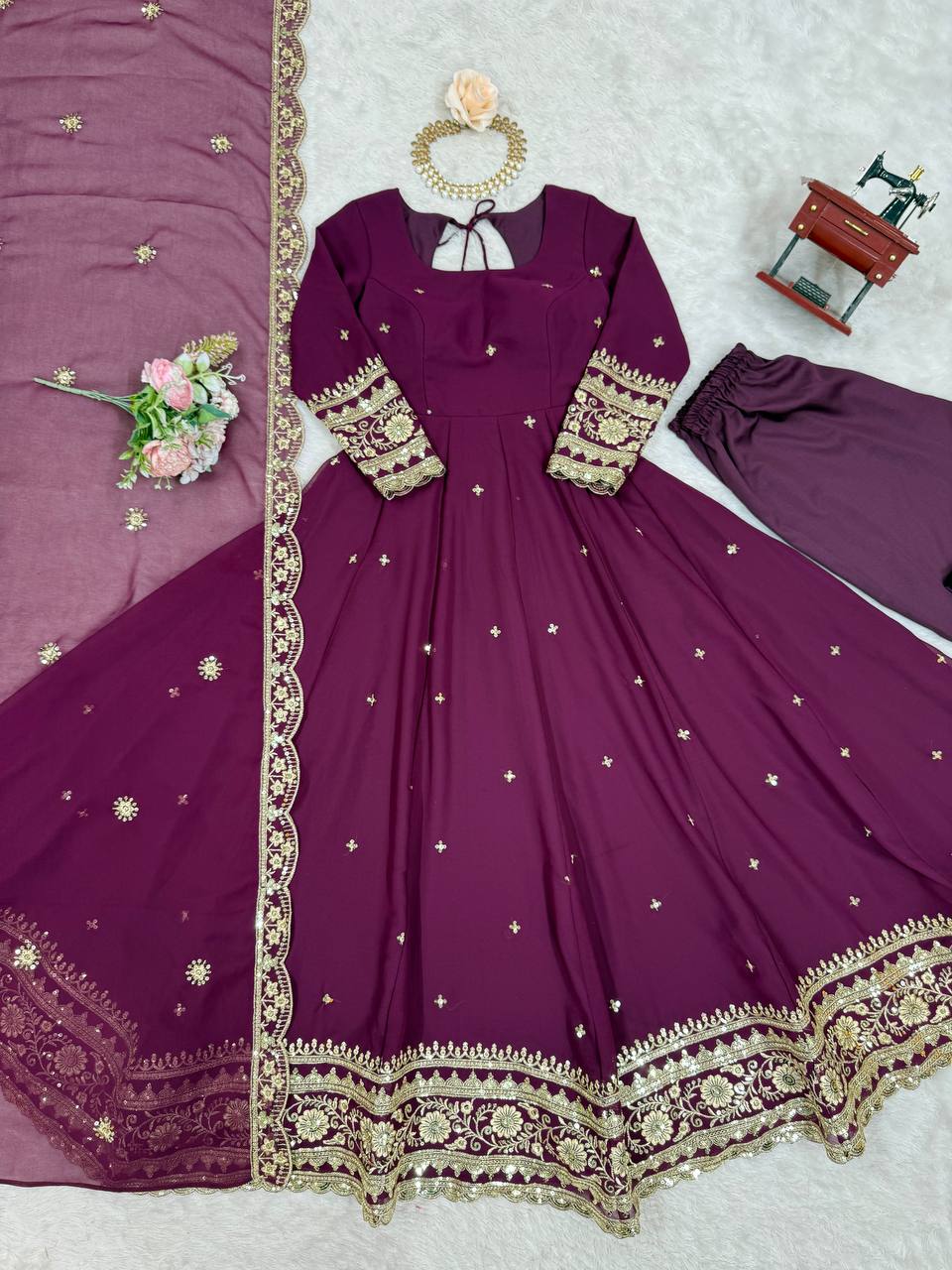 Prazu Fashion Wine Georgette Thread Sequence Anarkali Suit - Distacart
