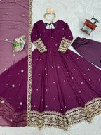 Prazu Fashion Wine Georgette Thread Sequence Anarkali Suit - Distacart