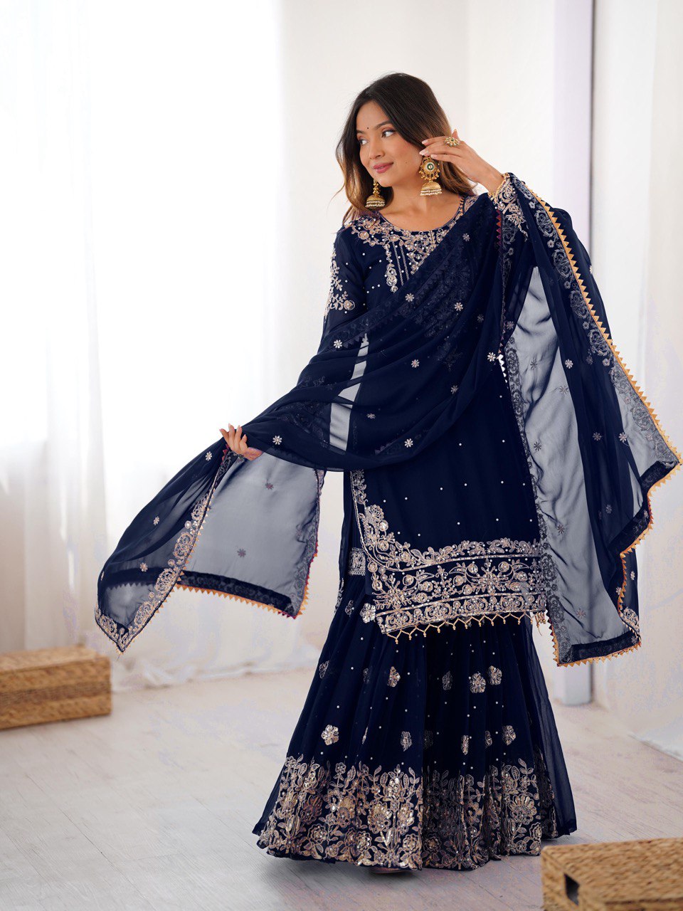 Prazu Fashion Navy Blue Faux Georgette Embroidered Thread Work Sharara Suit - Distacart