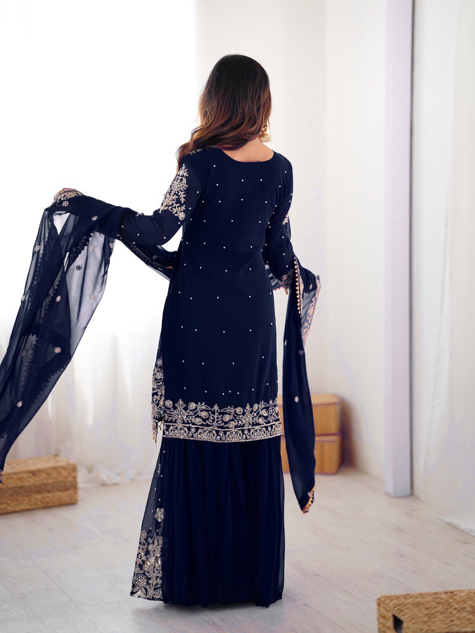 Prazu Fashion Navy Blue Faux Georgette Embroidered Thread Work Sharara Suit - Distacart
