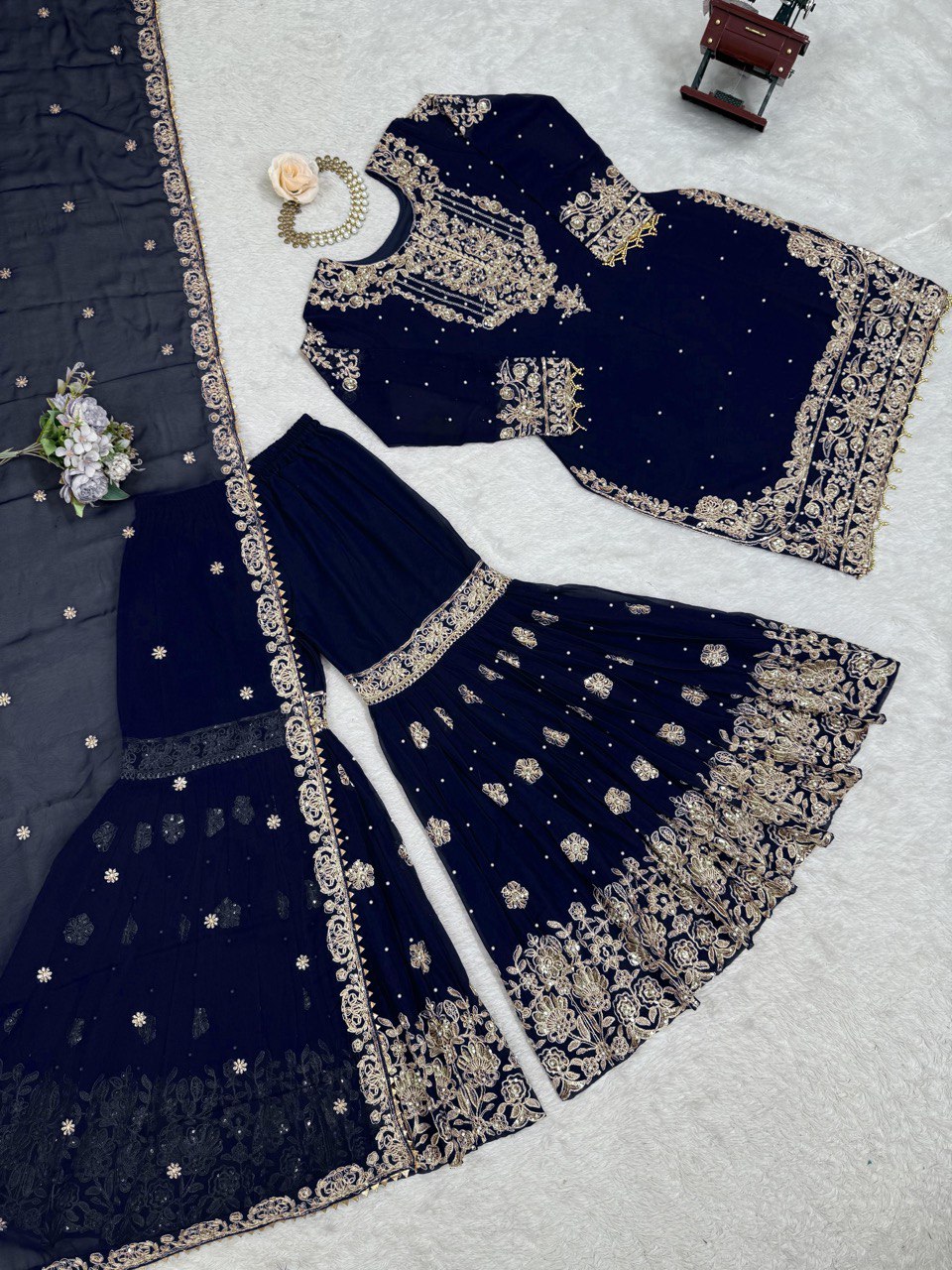 Prazu Fashion Navy Blue Faux Georgette Embroidered Thread Work Sharara Suit - Distacart