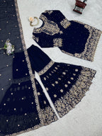 Prazu Fashion Navy Blue Faux Georgette Embroidered Thread Work Sharara Suit - Distacart