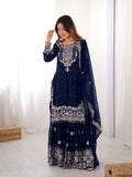 Prazu Fashion Navy Blue Faux Georgette Embroidered Thread Work Sharara Suit - Distacart
