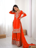 Prazu Fashion Orange Faux Georgette Embroidered Thread Work Sharara Suit - Distacart