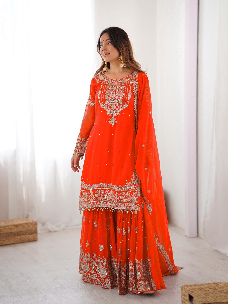 Prazu Fashion Orange Faux Georgette Embroidered Thread Work Sharara Suit - Distacart
