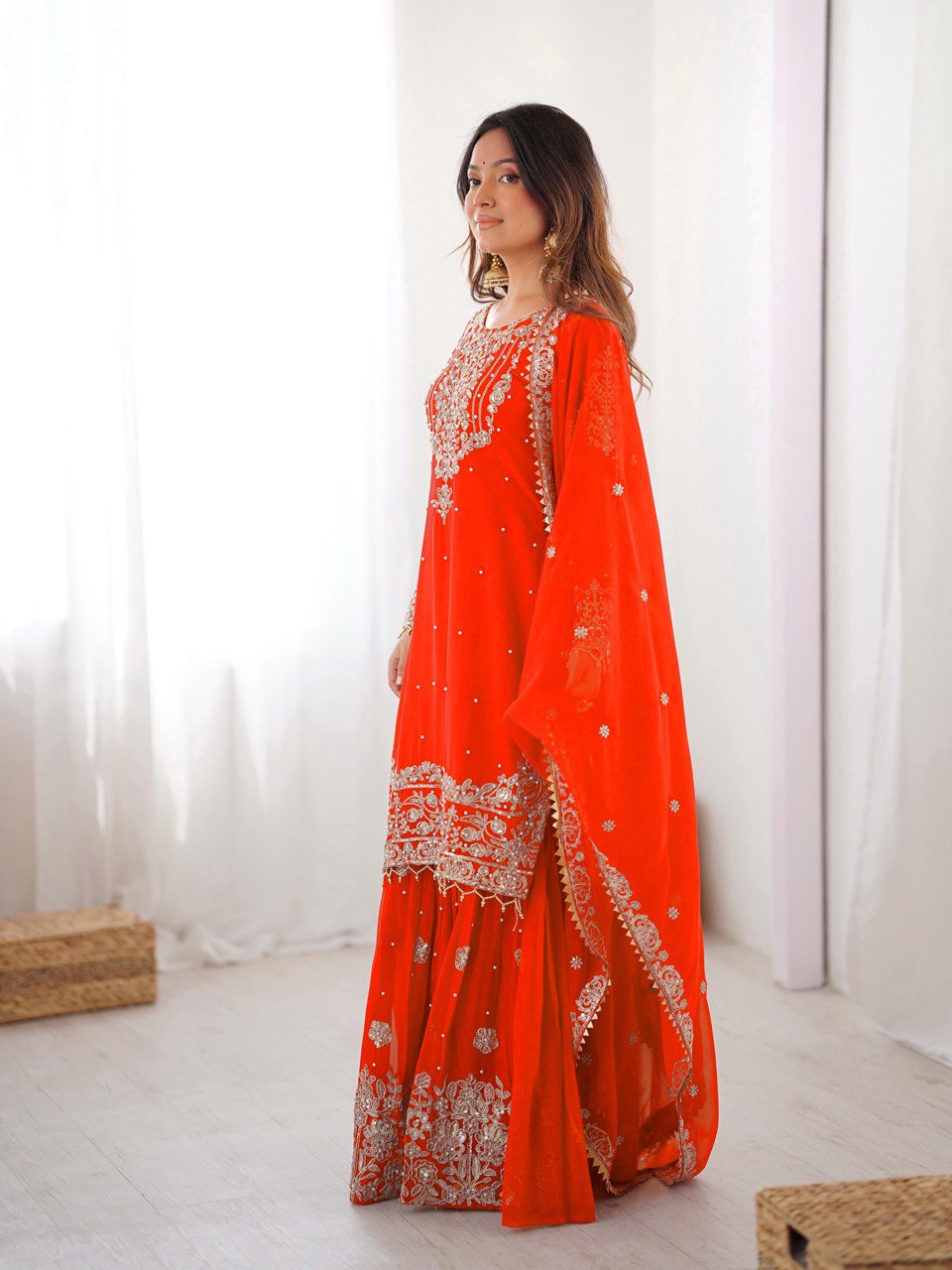 Prazu Fashion Orange Faux Georgette Embroidered Thread Work Sharara Suit - Distacart