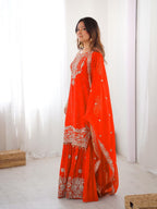 Prazu Fashion Orange Faux Georgette Embroidered Thread Work Sharara Suit - Distacart