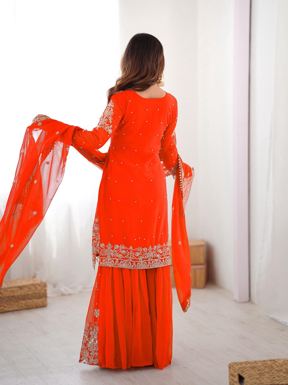Prazu Fashion Orange Faux Georgette Embroidered Thread Work Sharara Suit - Distacart