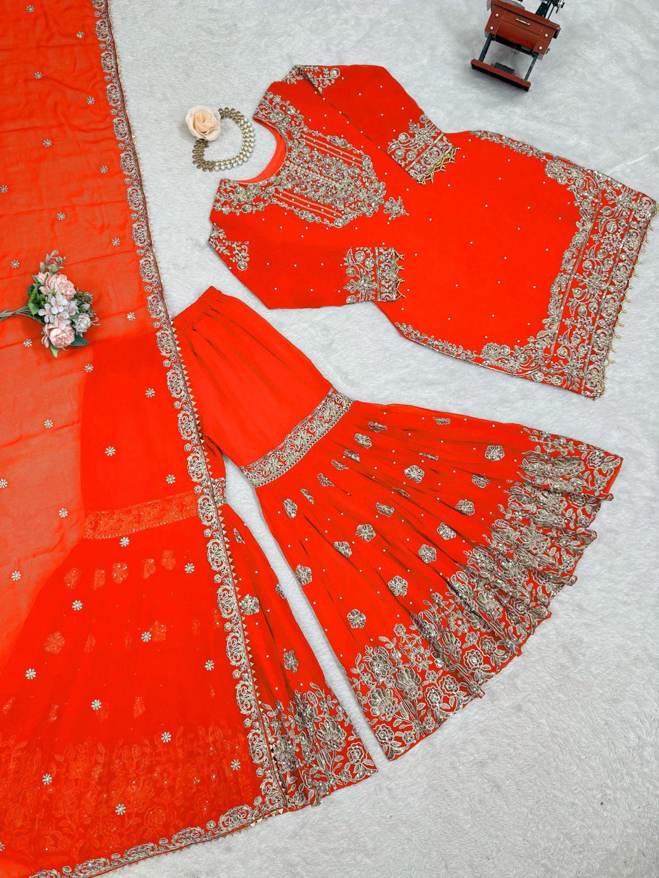 Prazu Fashion Orange Faux Georgette Embroidered Thread Work Sharara Suit - Distacart