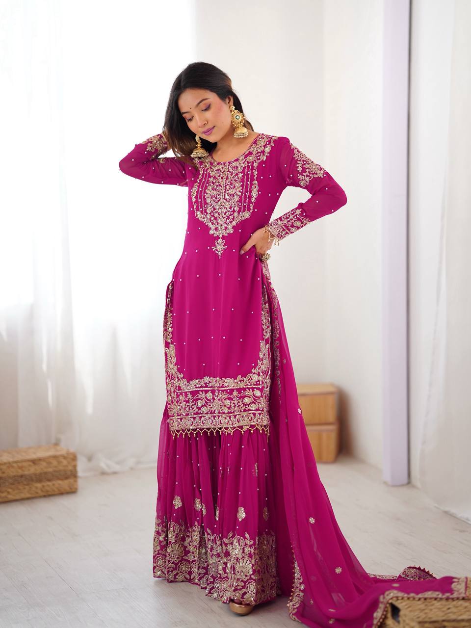 Prazu Fashion Pink Faux Georgette Embroidered Thread Work Sharara Suit - Distacart