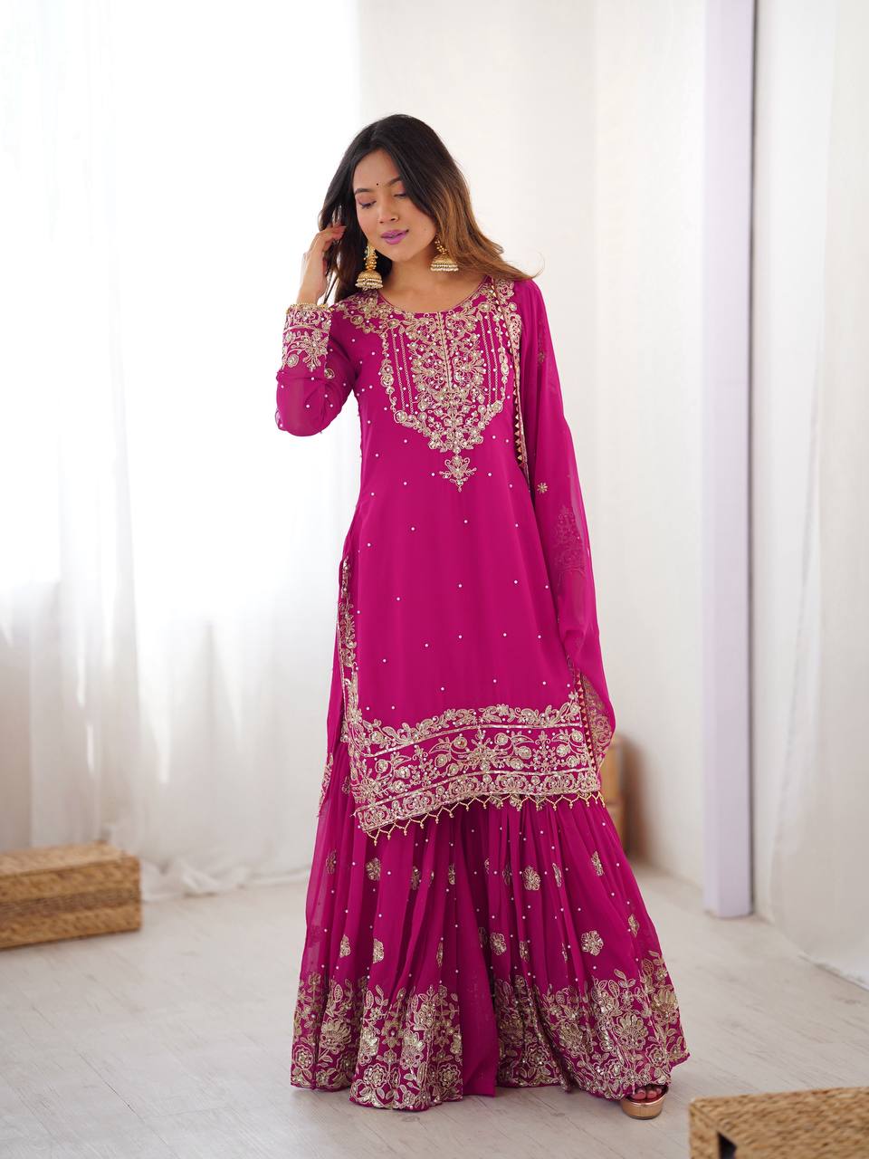 Prazu Fashion Pink Faux Georgette Embroidered Thread Work Sharara Suit - Distacart