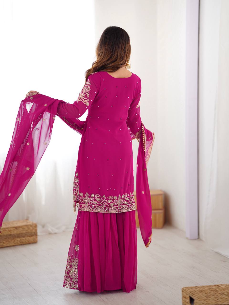 Prazu Fashion Pink Faux Georgette Embroidered Thread Work Sharara Suit - Distacart
