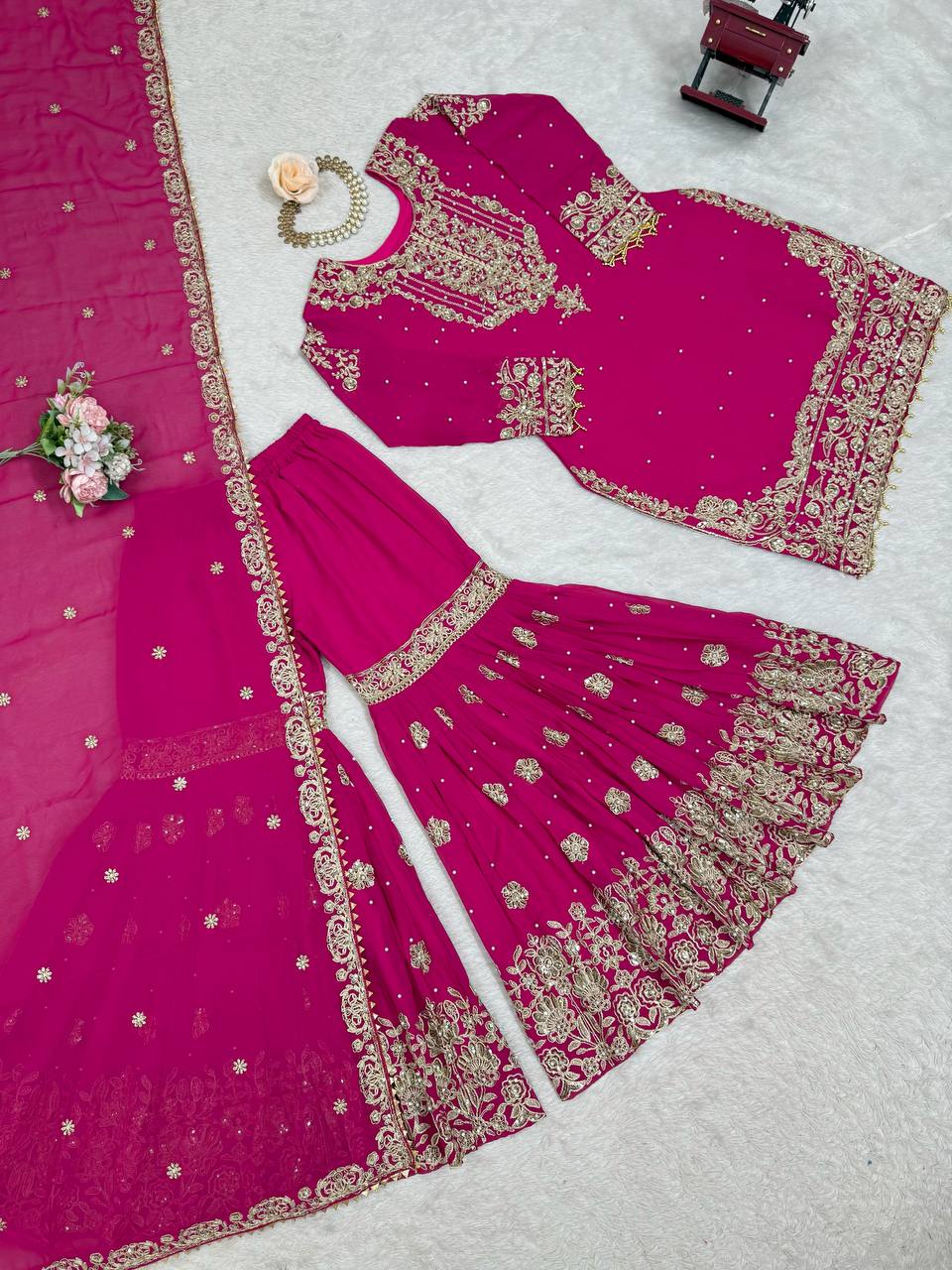Prazu Fashion Pink Faux Georgette Embroidered Thread Work Sharara Suit - Distacart
