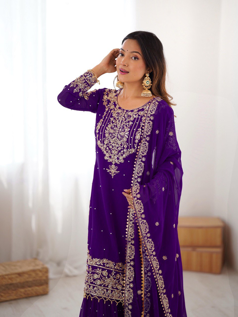 Prazu Fashion Violet Faux Georgette Embroidered Thread Work Sharara Suit - Distacart
