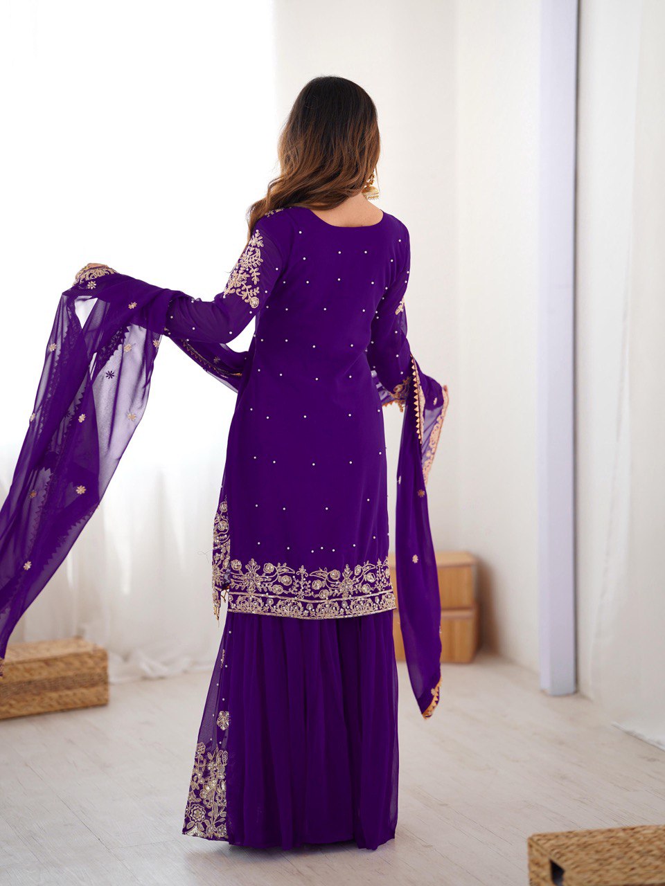 Prazu Fashion Violet Faux Georgette Embroidered Thread Work Sharara Suit - Distacart