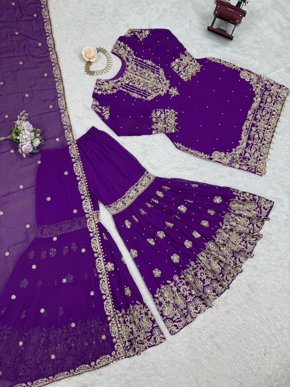 Prazu Fashion Violet Faux Georgette Embroidered Thread Work Sharara Suit - Distacart