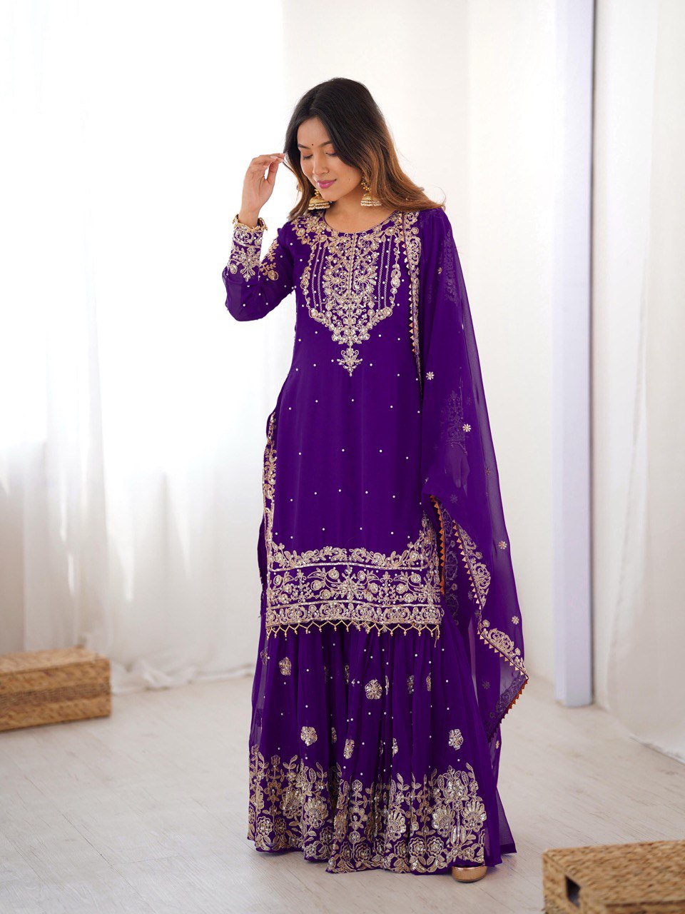Prazu Fashion Violet Faux Georgette Embroidered Thread Work Sharara Suit - Distacart