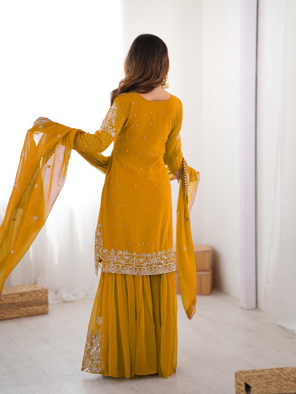 Prazu Fashion Yellow Faux Georgette Embroidered Thread Work Sharara Suit - Distacart