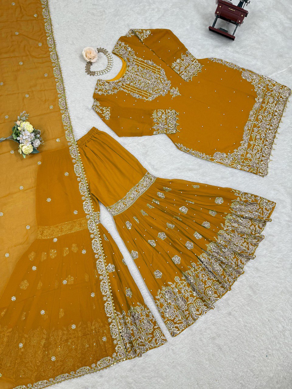 Prazu Fashion Yellow Faux Georgette Embroidered Thread Work Sharara Suit - Distacart