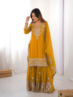 Prazu Fashion Yellow Faux Georgette Embroidered Thread Work Sharara Suit - Distacart