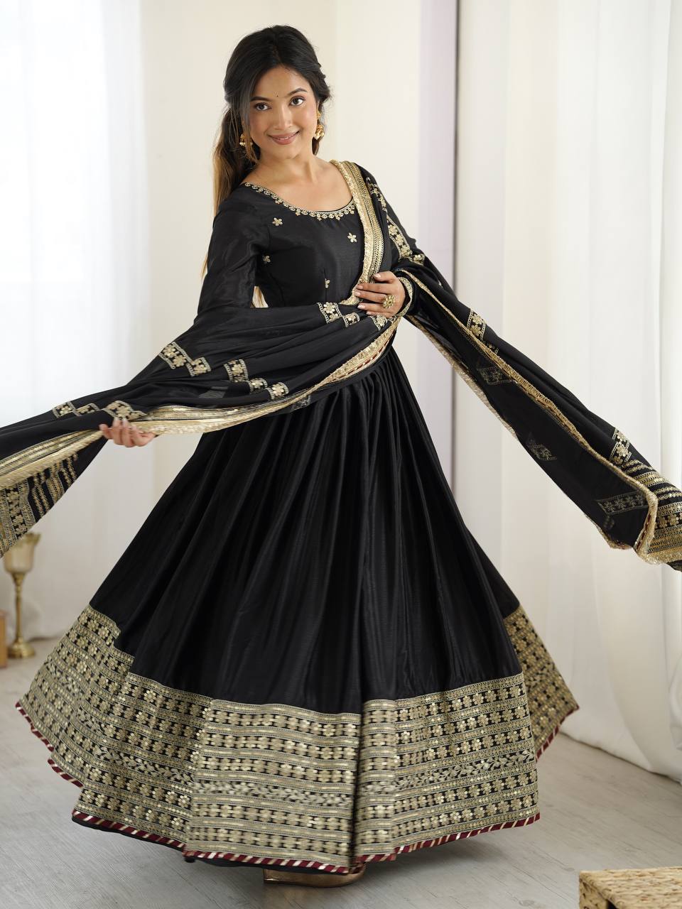 Prazu Fashion Black Chinon Silk Thread With Sequence Work Anarkali Suit - Distacart