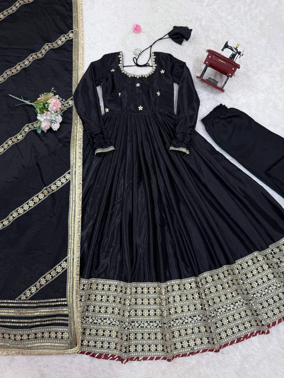 Prazu Fashion Black Chinon Silk Thread With Sequence Work Anarkali Suit - Distacart