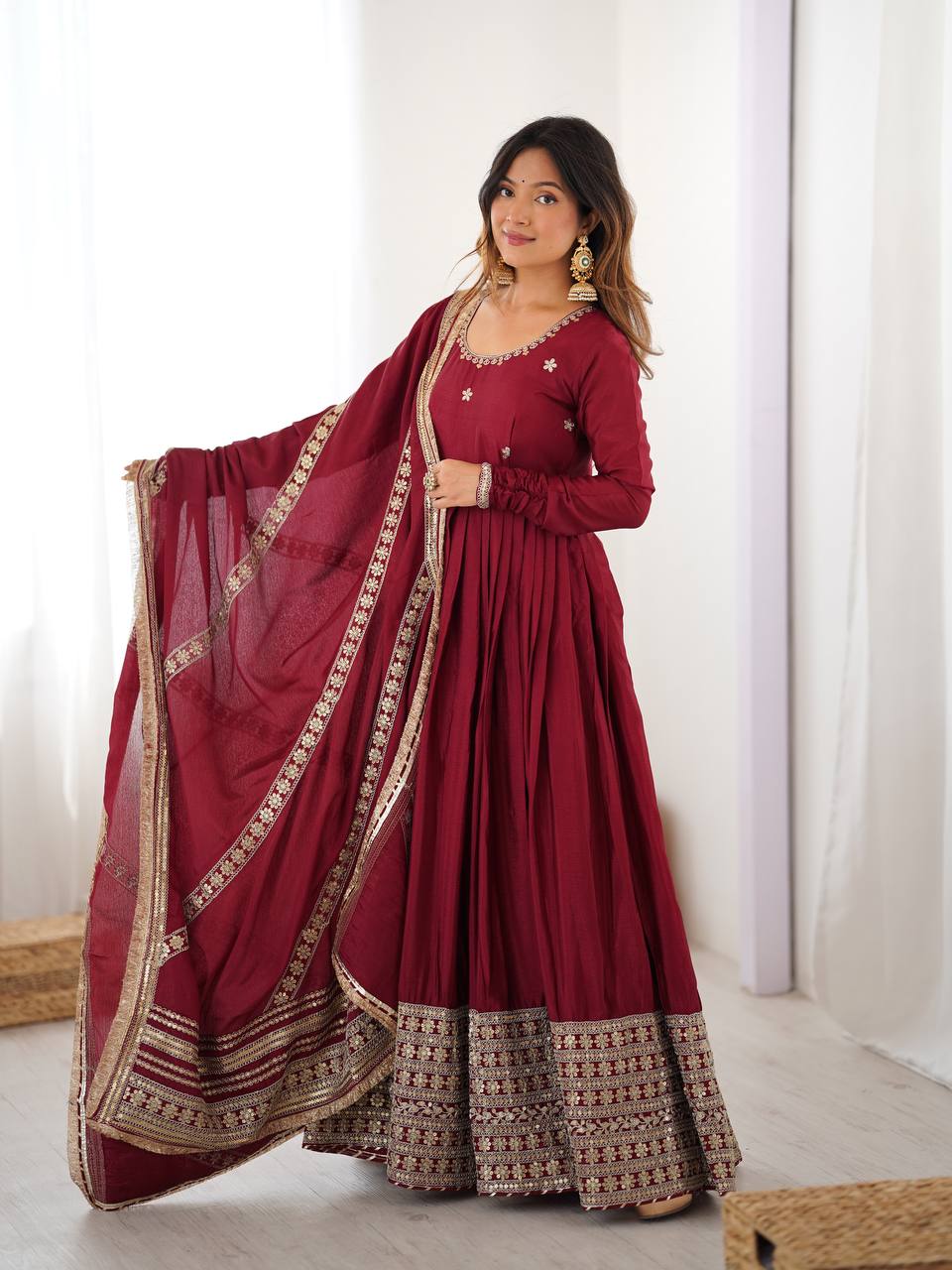 Prazu Fashion Maroon Chinon Silk Thread With Sequence Work Anarkali Suit - Distacart